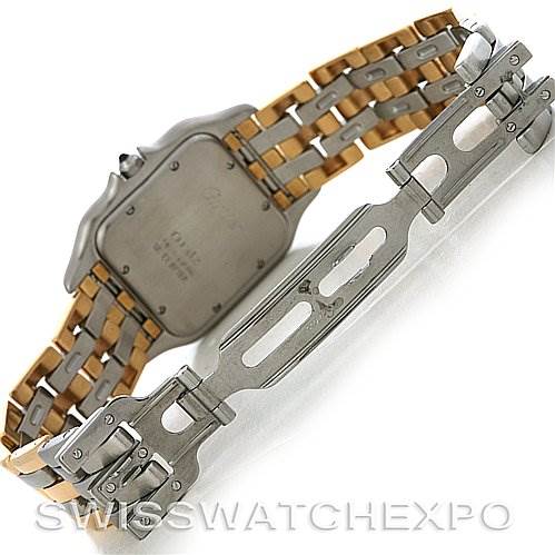 The image shows the open clasp and backside of the bracelet of a Cartier Panthere Steel and Gold (two tone) Silver Dial Steel and Gold (two tone) Silver Dial watch.