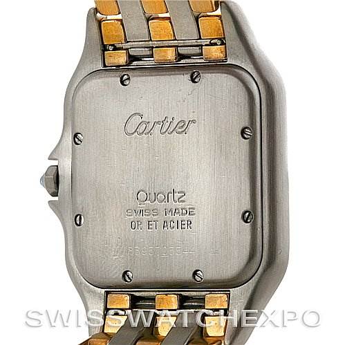 The image shows the back case and part of the bracelet of a Cartier Panthere Steel and Gold (two tone) Silver Dial Steel and Gold (two tone) Silver Dial quartz watch.