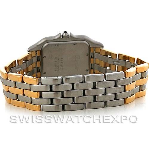 This image shows the back view of a Cartier Panthere Steel and Gold (two tone) Silver Dial Steel and Gold (two tone) Silver Dial watch, highlighting the two-tone metal bracelet and case back.