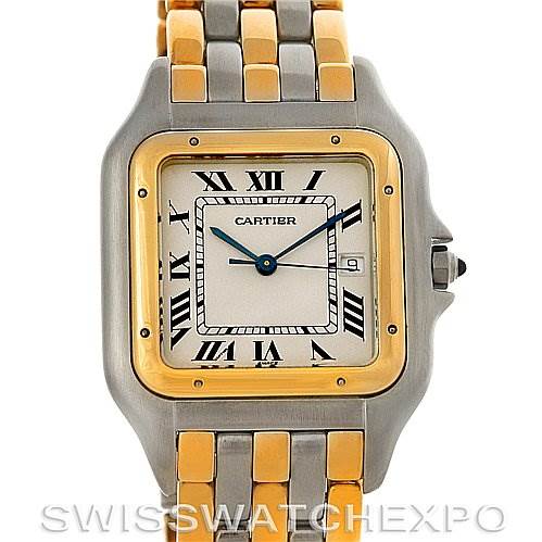 The image shows a frontal view of a Cartier Panthere Steel and Gold (two tone) Silver Dial Steel and Gold (two tone) Silver Dial watch, highlighting the face, bezel, and part of the bracelet.