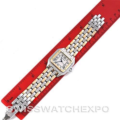 This image shows a top-down view of a Cartier Panthere Steel and Gold (two tone) Silver Dial Steel and Gold (two tone) Silver Dial watch with a ruler for scale.