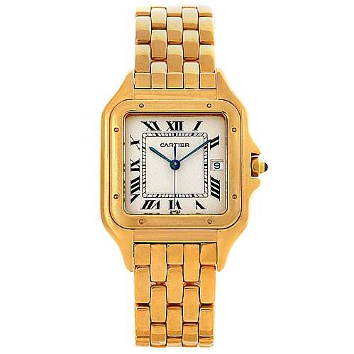 The image shows a front view of a Cartier Panthere Yellow Gold Silver Dial Yellow Gold Silver Dial model watch with a gold bracelet and Roman numeral dial.