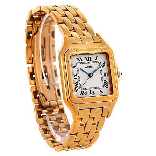 The image shows a Cartier Panthere Yellow Gold Silver Dial Yellow Gold Silver Dial watch from a front angle, highlighting its gold case, bracelet, and Roman numeral dial.