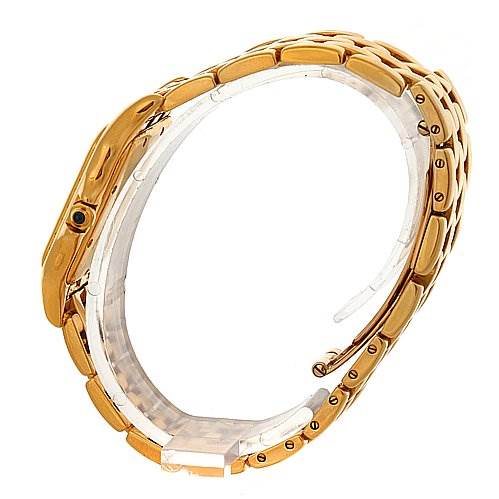 The image shows a side view of the Cartier Panthere Yellow Gold Silver Dial Yellow Gold Silver Dial watch, focusing on its gold bracelet and case.