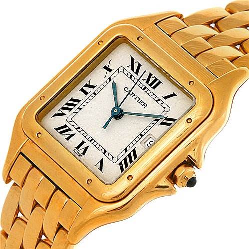 The image shows a close-up angled view of the Cartier Panthere Yellow Gold Silver Dial Yellow Gold Silver Dial watch featuring its gold case, bracelet, and Roman numeral dial.