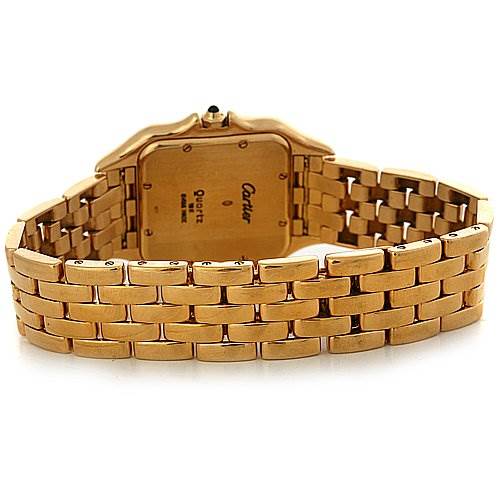 The image shows the rear view of the Cartier Panthere Yellow Gold Silver Dial Yellow Gold Silver Dial model watch, focusing on its gold case and bracelet.