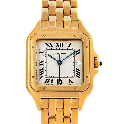 The image shows a front view of a Cartier Panthère watch, displaying its square face, Roman numerals, date window, and gold bracelet.