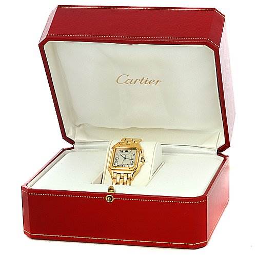 The image shows a Cartier Panthere Yellow Gold Silver Dial Yellow Gold Silver Dial watch displayed in an open red Cartier box, viewed from the front angle.