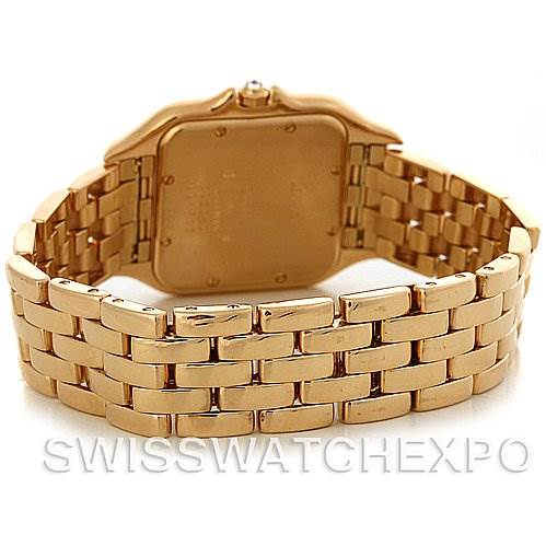 This image shows the back and bracelet of a Cartier Panthere W25014B9 Yellow Gold Silver Dial W25014B9 Yellow Gold Silver Dial watch, highlighting its gold tone and linked design.