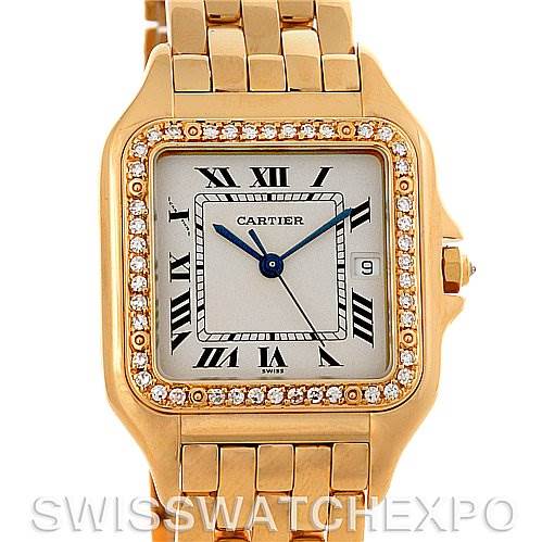 The image shows a front view of the Cartier Panthere W25014B9 Yellow Gold Silver Dial W25014B9 Yellow Gold Silver Dial watch, emphasizing the face, bracelet, crown, and diamond-set bezel.
