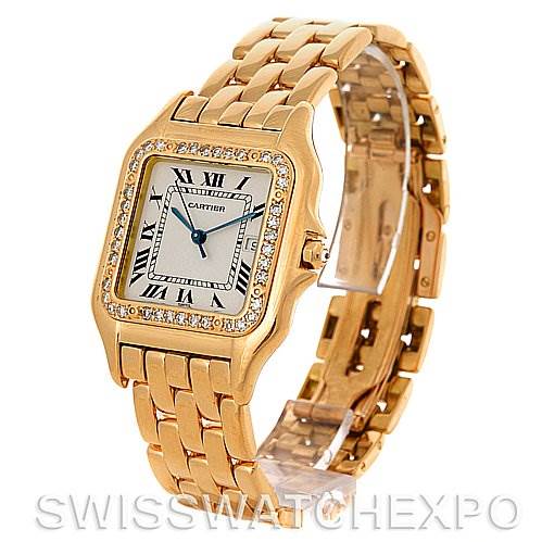 The image shows a gold Cartier Panthere Yellow Gold Silver Dial Yellow Gold Silver Dial watch at an angled view, highlighting the face, bezel, and bracelet.