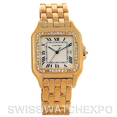 This image shows a frontal view of a Cartier Panthere Yellow Gold Silver Dial Yellow Gold Silver Dial watch, displaying the face, bezel, and bracelet.