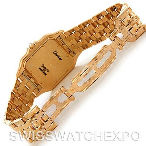 The image shows the back and bracelet of a Cartier Panthere Yellow Gold Silver Dial Yellow Gold Silver Dial watch, prominently displaying the clasp and case back.