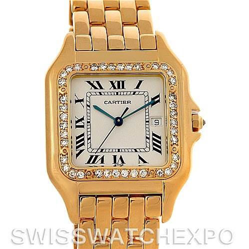 The image shows a frontal view of the Cartier Panthere Yellow Gold Silver Dial Yellow Gold Silver Dial watch, highlighting the face, case, and part of the bracelet.