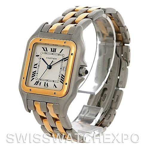 The image shows a Cartier Panthere Steel and Gold (two tone) Silver Dial Steel and Gold (two tone) Silver Dial watch at a three-quarter angle, highlighting its square face, bezel, and bracelet.