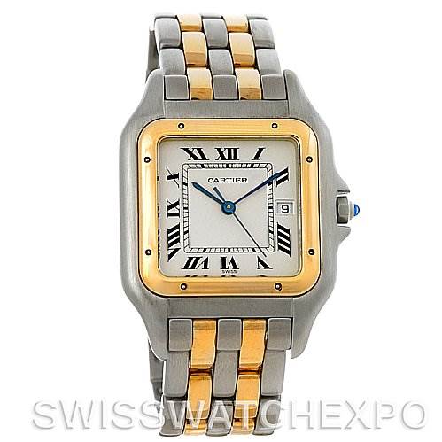 This image shows a Cartier Panthere Steel and Gold (two tone) Silver Dial Steel and Gold (two tone) Silver Dial model watch from the front, displaying the face, dial, and part of the bracelet.
