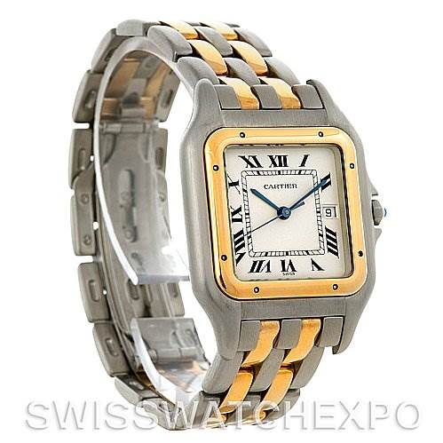 The image shows a front and side view of a Cartier Panthere Steel and Gold (two tone) Silver Dial Steel and Gold (two tone) Silver Dial watch, highlighting its two-tone metal bracelet and square bezel.
