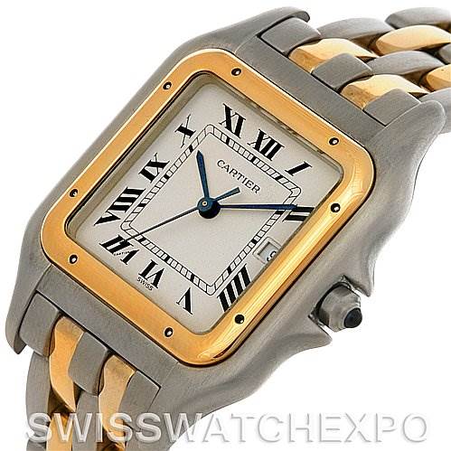 The image shows a Cartier Panthère watch at an oblique angle, showcasing the face, crown, and part of the bracelet.