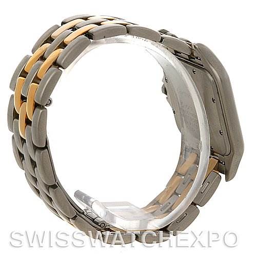The image shows the rear side and strap of the Cartier Panthere Steel and Gold (two tone) Silver Dial Steel and Gold (two tone) Silver Dial model watch at an angle from behind.