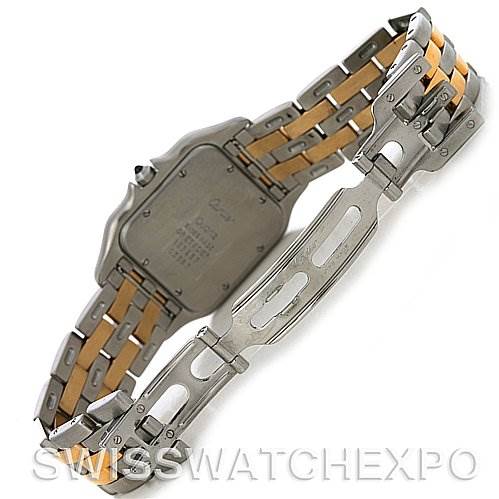This image shows the back view of the Panthere model by Cartier, highlighting the two-tone bracelet and clasp.