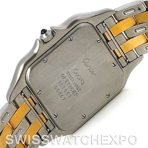 The image shows the back case and part of the metal bracelet of a Cartier Panthere Steel and Gold (two tone) Silver Dial Steel and Gold (two tone) Silver Dial watch.