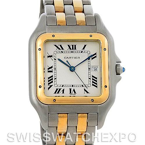The image shows a frontal view of the Cartier Panthere Steel and Gold (two tone) Silver Dial Steel and Gold (two tone) Silver Dial watch, showcasing its two-tone metal bracelet, square face, and Roman numeral dial.