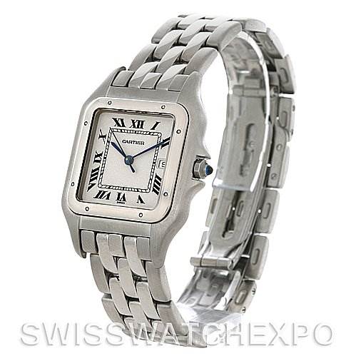 The image shows a Cartier Panthere Men
s Stainless Steel Silver Dial Men
s Stainless Steel Silver Dial watch from an angled view, highlighting its face, bezel, bracelet, and clasp.
