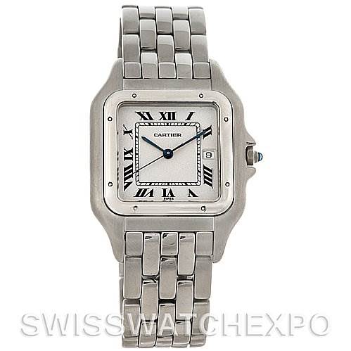 This image shows a frontal view of a Cartier Panthere Men
s Stainless Steel Silver Dial Men
s Stainless Steel Silver Dial watch, displaying the face, case, and bracelet.