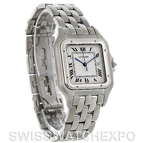 The image shows a Cartier Panthere Men
s Stainless Steel Silver Dial Men
s Stainless Steel Silver Dial watch at a slight angle, highlighting the face, bezel, crown, and bracelet.