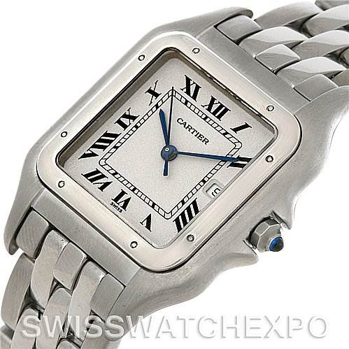 This image shows a Cartier Panthere Men
s Stainless Steel Silver Dial Men
s Stainless Steel Silver Dial watch at a slight angle, highlighting the face, Roman numerals, blue hands, bracelet, and crown with a blue cabochon.