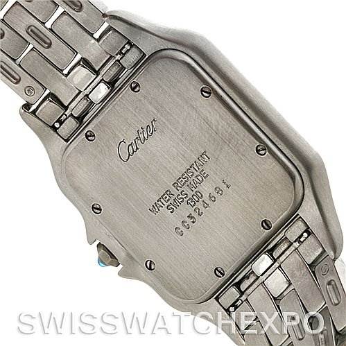 The image shows the back case of a Cartier Panthere Men
s Stainless Steel Silver Dial Men
s Stainless Steel Silver Dial model watch, highlighting its metal bracelet and engraved details.