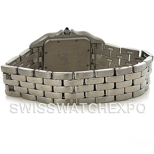 The image shows the back of a Cartier Panthere Men
s Stainless Steel Silver Dial Men
s Stainless Steel Silver Dial watch, highlighting the silver bracelet and case back.