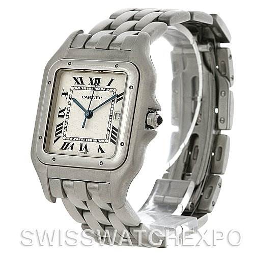 This image shows a front-angle view of a Cartier Panthere W25032P5 Men
s Stainless Steel Silver Dial W25032P5 Men
s Stainless Steel Silver Dial watch, highlighting its bracelet, square face, and Roman numeral markers.
