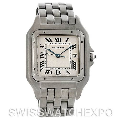 This image shows a frontal view of the Cartier Panthere W25032P5 Men
s Stainless Steel Silver Dial W25032P5 Men
s Stainless Steel Silver Dial watch, highlighting its square face, Roman numerals, and metal bracelet.