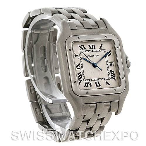The image shows the side angle of a Cartier Panthere W25032P5 Men
s Stainless Steel Silver Dial W25032P5 Men
s Stainless Steel Silver Dial watch, highlighting its face, bracelet, and clasp.