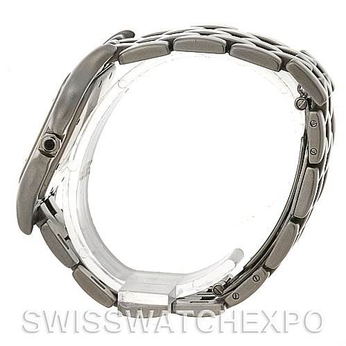 The image shows a side view of a Panthere model watch by Cartier, highlighting the metal bracelet and case thickness.