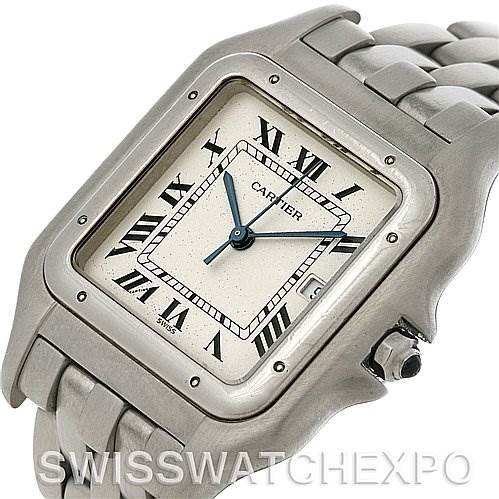 This image shows a Cartier Panthere W25032P5 Men
s Stainless Steel Silver Dial W25032P5 Men
s Stainless Steel Silver Dial watch at an angle, displaying the face, bezel, crown, and part of the bracelet.