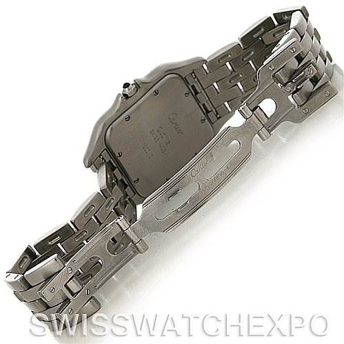 This image shows the back case and stainless steel bracelet of a Cartier Panthere W25032P5 Men
s Stainless Steel Silver Dial W25032P5 Men
s Stainless Steel Silver Dial watch, including the clasp.