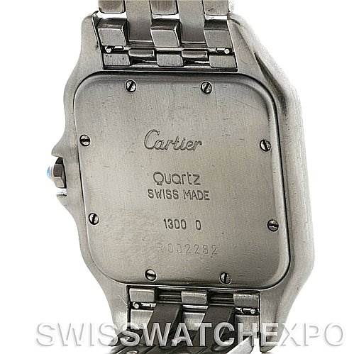 This image shows the case back of a Cartier Panthere W25032P5 Men
s Stainless Steel Silver Dial W25032P5 Men
s Stainless Steel Silver Dial model watch, highlighting the branding and model information.