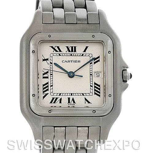 This image shows a front view of the Panthere model by Cartier, displaying the dial, case, and bracelet.