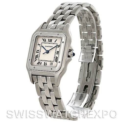 The image shows a side view of a Cartier Panthere W25054P5 Men's Stainless Steel Silver Dial W25054P5 Men's Stainless Steel Silver Dial watch, highlighting its face, bracelet, and clasp.