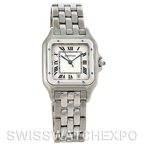 The image shows a front view of a Cartier Panthere W25054P5 Men's Stainless Steel Silver Dial W25054P5 Men's Stainless Steel Silver Dial model watch, highlighting its face, hands, Roman numerals, and bracelet.