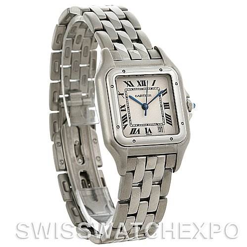 The image shows a Cartier Panthere W25054P5 Men's Stainless Steel Silver Dial W25054P5 Men's Stainless Steel Silver Dial model watch from a front angle, highlighting the face, casing, and metal bracelet.