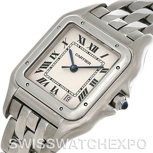 The image shows a stainless steel Cartier Panthere W25054P5 Men's Stainless Steel Silver Dial W25054P5 Men's Stainless Steel Silver Dial watch with a square face, Roman numerals, and a metal bracelet at an angled view.