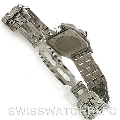 The image shows the underside of the Panthere model by Cartier, focusing on the clasp and bracelet.
