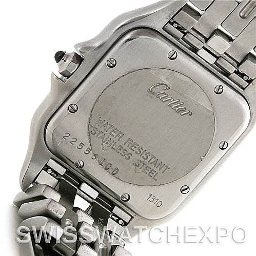 The image shows the back case and part of the bracelet of a Cartier Panthere W25054P5 Men's Stainless Steel Silver Dial W25054P5 Men's Stainless Steel Silver Dial watch, highlighting its engravings.