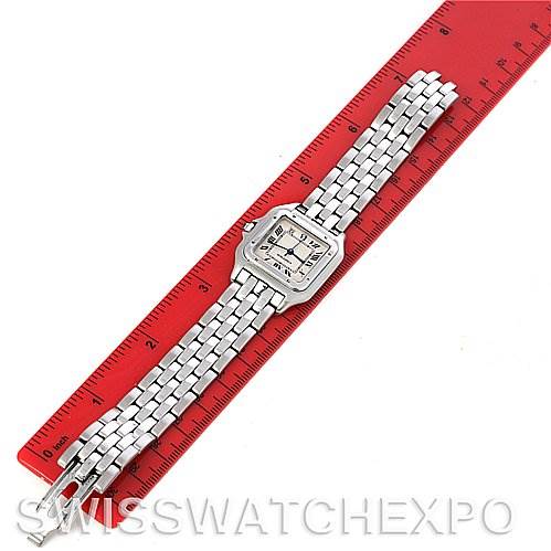This image shows a Cartier Panthere W25054P5 Men's Stainless Steel Silver Dial W25054P5 Men's Stainless Steel Silver Dial watch laid flat, alongside a red ruler for size reference.