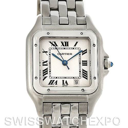 The image shows a frontal view of the Cartier Panthere W25054P5 Men's Stainless Steel Silver Dial W25054P5 Men's Stainless Steel Silver Dial watch, highlighting its face, bezel, and bracelet.