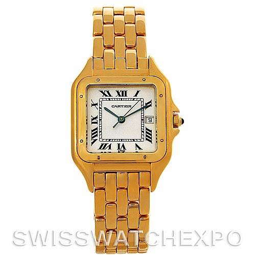 This image shows a front view of the Cartier Panthere W25014B9 Men
s Yellow Gold Silver Dial W25014B9 Men
s Yellow Gold Silver Dial watch, highlighting its gold bracelet, square face, and Roman numeral dial.