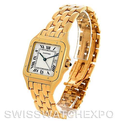 The image shows a Cartier Panthere W25014B9 Men
s Yellow Gold Silver Dial W25014B9 Men
s Yellow Gold Silver Dial model watch at a 3/4 angle highlighting its gold case, bracelet, and Roman numeral dial.
